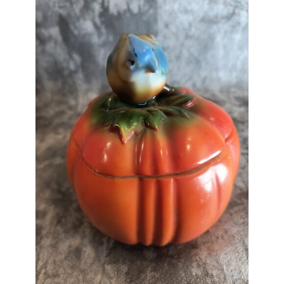 Vintage German Ceramic Pumpkin With Bluebird Lid Decorative Jam Jar - Picture 3 of 4